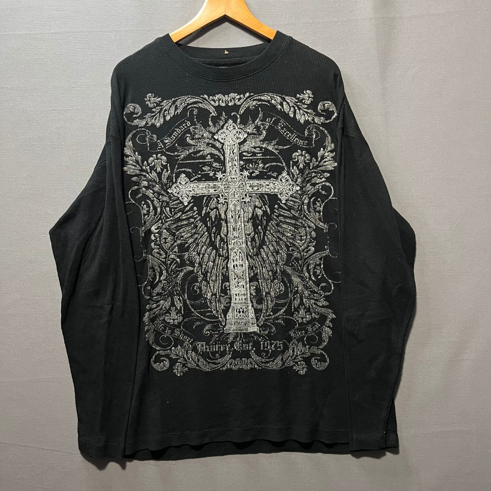 Avirex Mens Black Thermal Waffle Knit Winged Cross Graphic Shirt XL Silver Foil